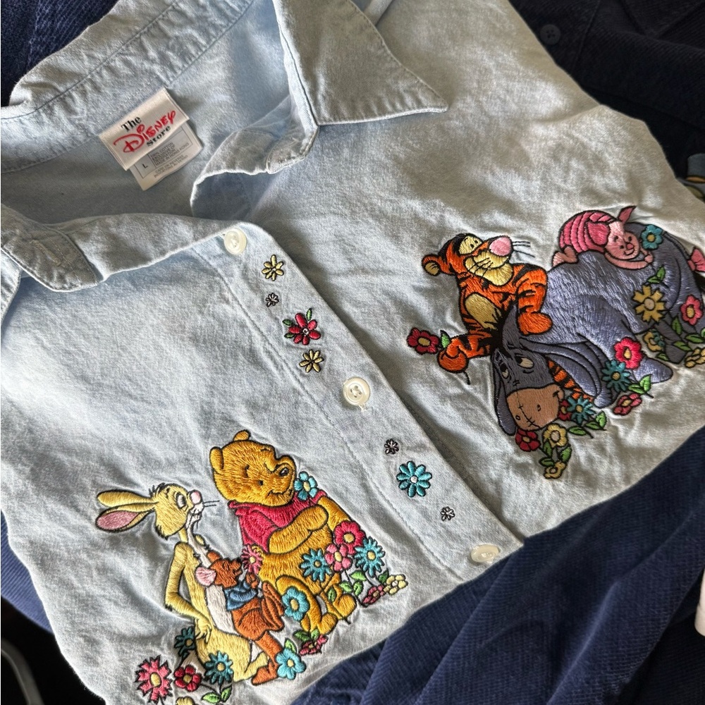 Vintage 90s Disney Winnie the Pooh Embroidered Denim Shirt | Made in Hong Kong